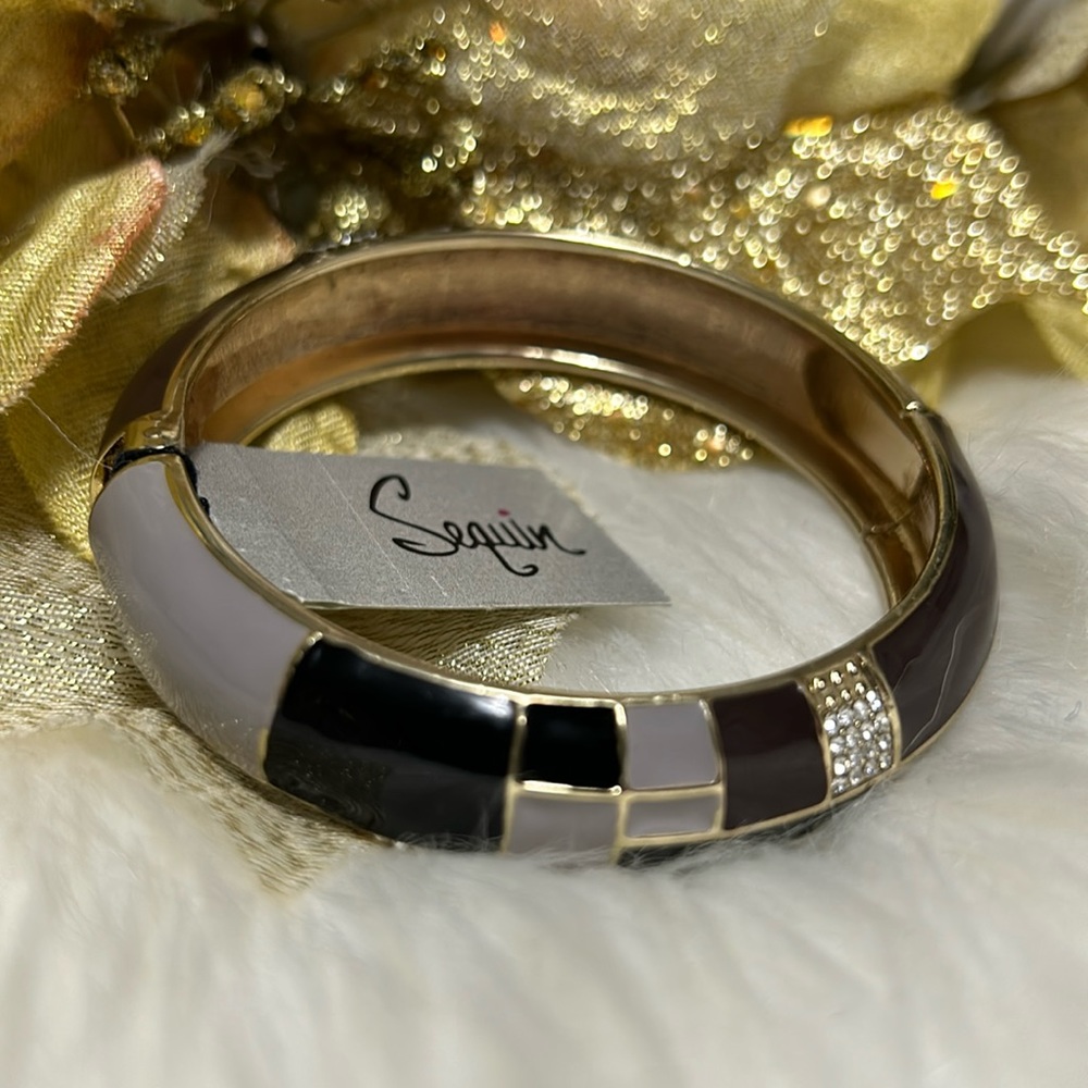 NWT Nordstrom Sequin Bracelet Open Clasp Black, Grey, Brown & Rhinestones